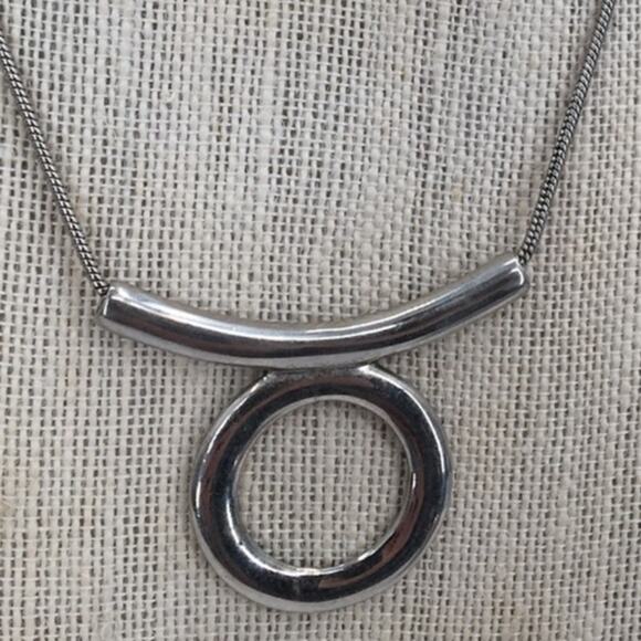 Vintage MCM brualist Necklace Sliding circle bar pendant Silver MODERNIST piece - Picture 1 of 6